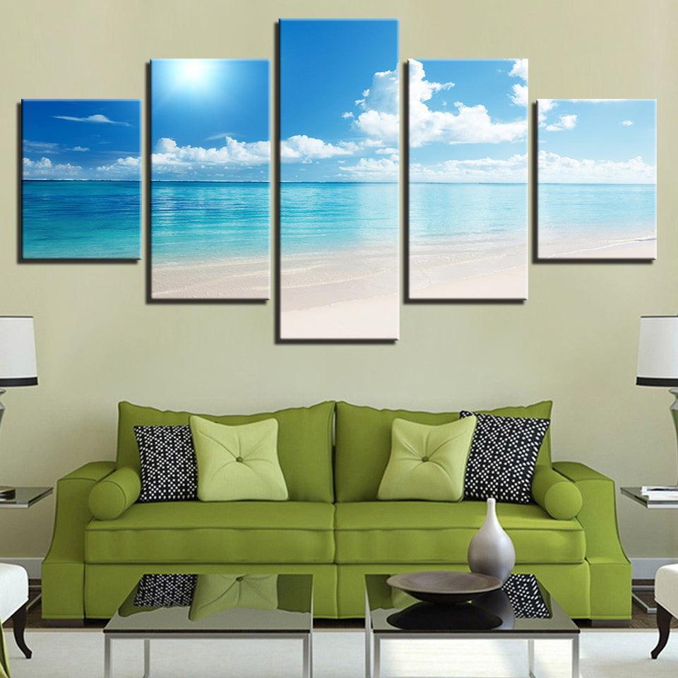 Blue Sky Sunshine Beach 5 Piece HD Multi Panel Canvas Wall Art Frame-Original Frame