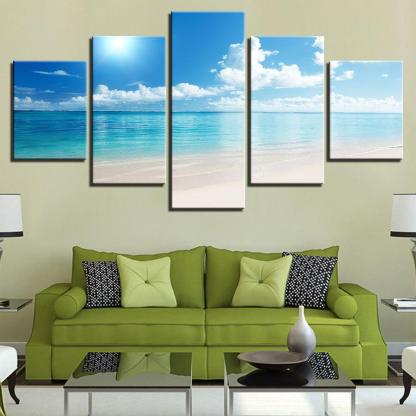 Blue Sky Sunshine Beach 5 Piece HD Multi Panel Canvas Wall Art Frame-Original Frame