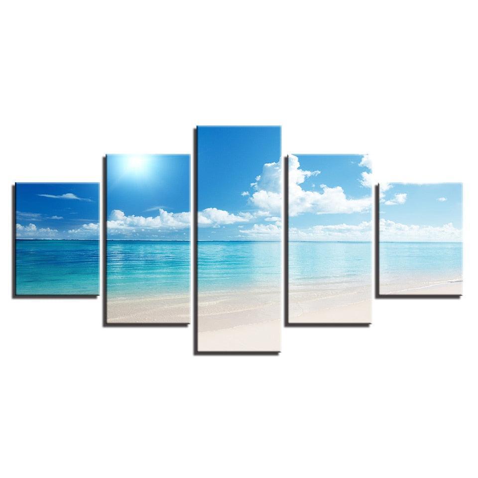 Blue Sky Sunshine Beach 5 Piece HD Multi Panel Canvas Wall Art Frame-Original Frame