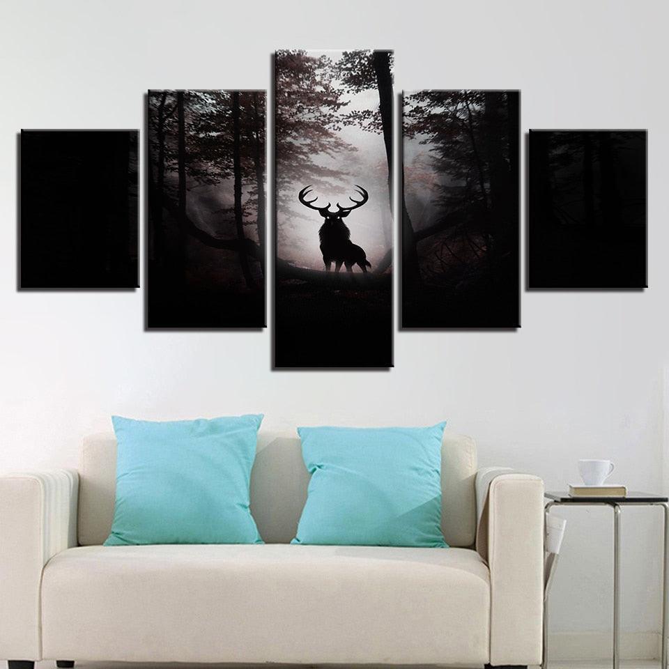 Deer In Dark Forest 5 Piece HD Multi Panel Canvas Wall Art Frame-Original Frame