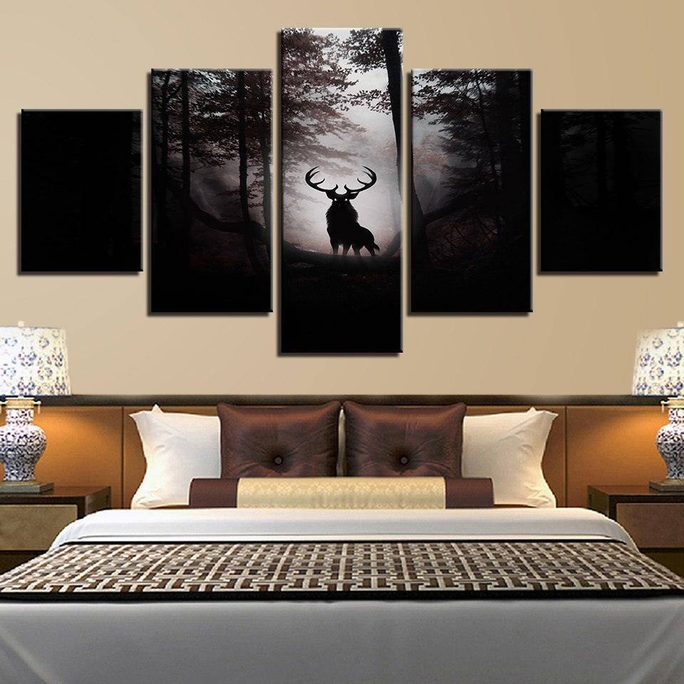 Deer In Dark Forest 5 Piece HD Multi Panel Canvas Wall Art Frame-Original Frame