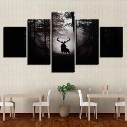 Deer In Dark Forest 5 Piece HD Multi Panel Canvas Wall Art Frame-Original Frame