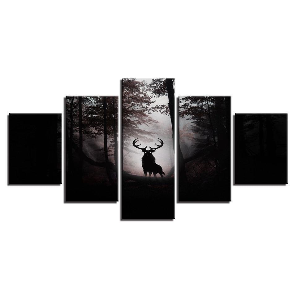 Deer In Dark Forest 5 Piece HD Multi Panel Canvas Wall Art Frame-Original Frame