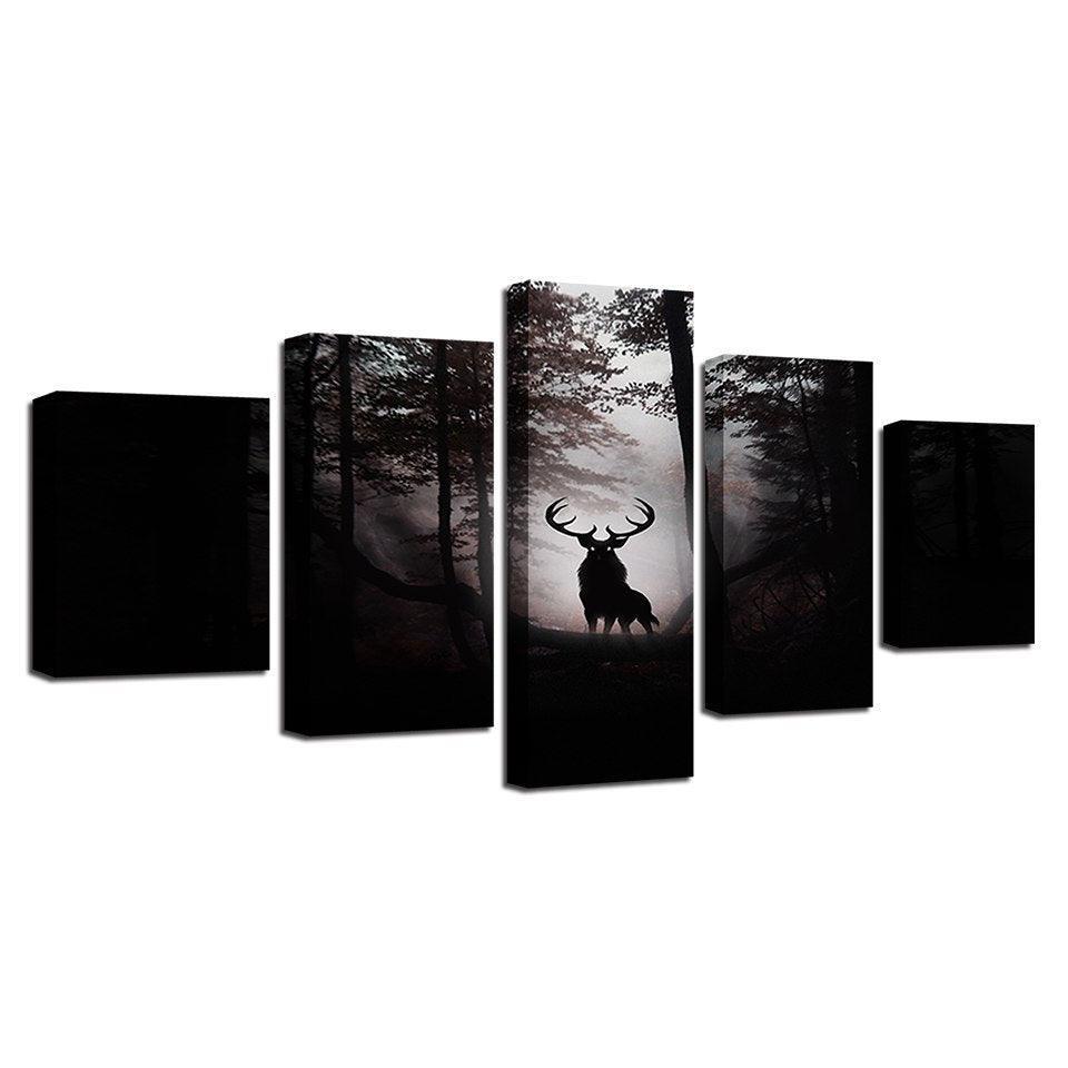 Deer In Dark Forest 5 Piece HD Multi Panel Canvas Wall Art Frame-Original Frame
