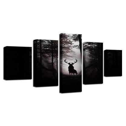 Deer In Dark Forest 5 Piece HD Multi Panel Canvas Wall Art Frame-Original Frame