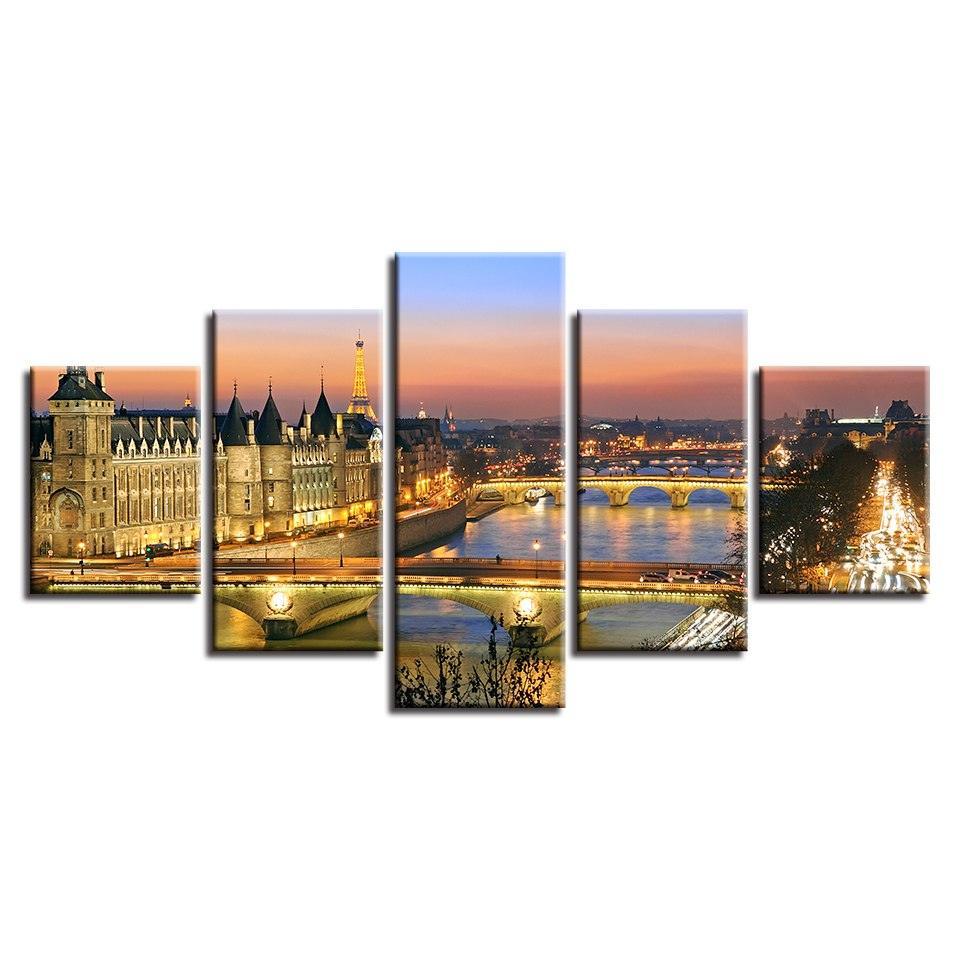 Paris Nightscape 5 Piece HD Multi Panel Canvas Wall Art Frame-Original Frame