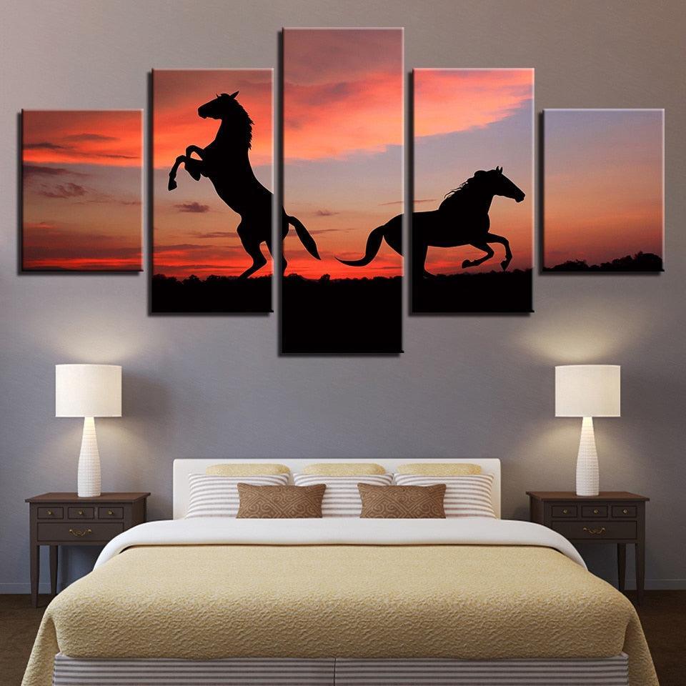 Sunset Horses 5 Piece HD Multi Panel Canvas Wall Art Frame-Original Frame