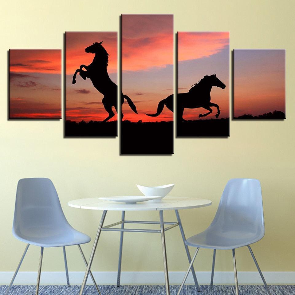 Sunset Horses 5 Piece HD Multi Panel Canvas Wall Art Frame-Original Frame