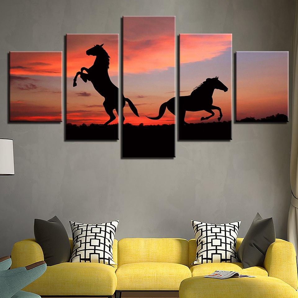 Sunset Horses 5 Piece HD Multi Panel Canvas Wall Art Frame-Original Frame