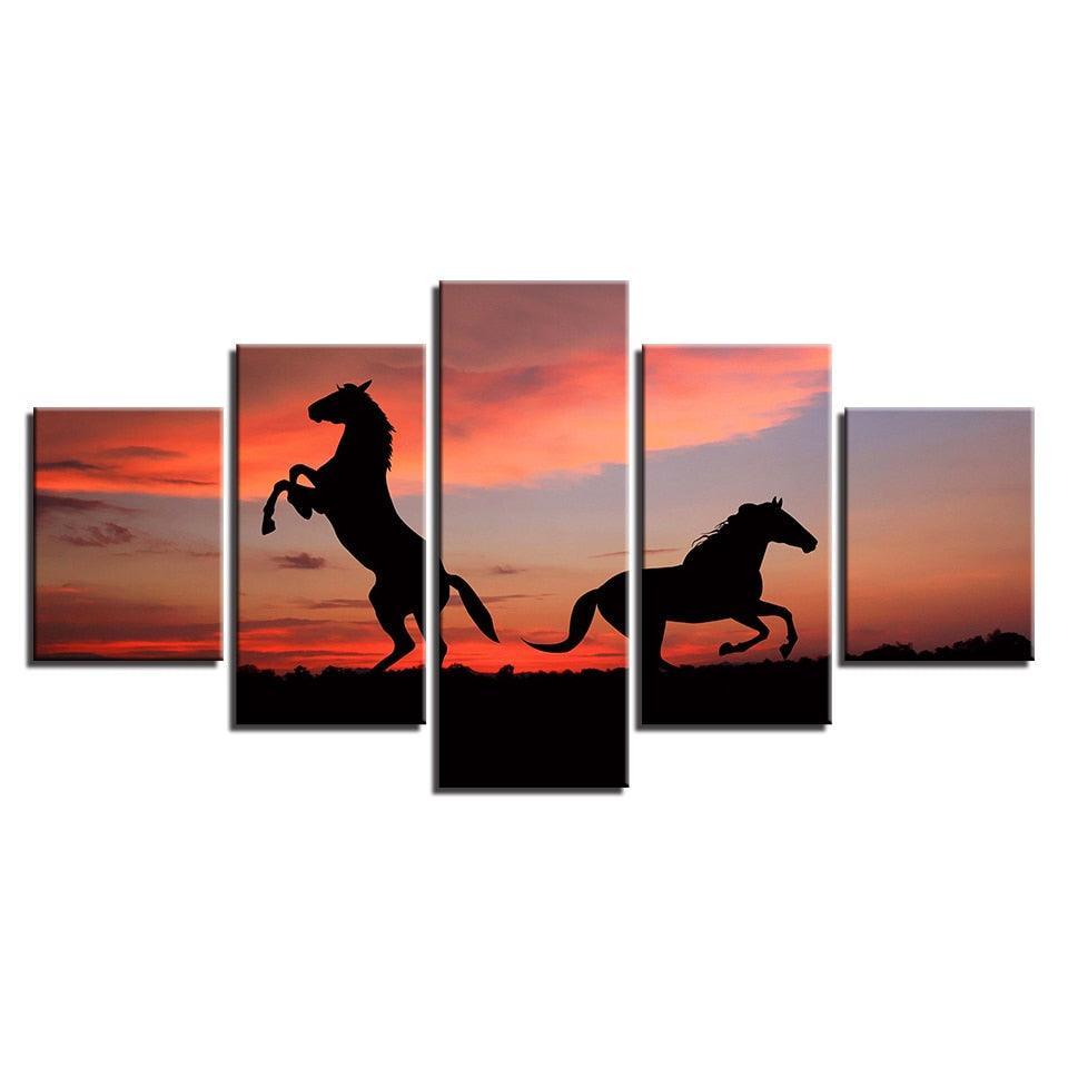 Sunset Horses 5 Piece HD Multi Panel Canvas Wall Art Frame-Original Frame