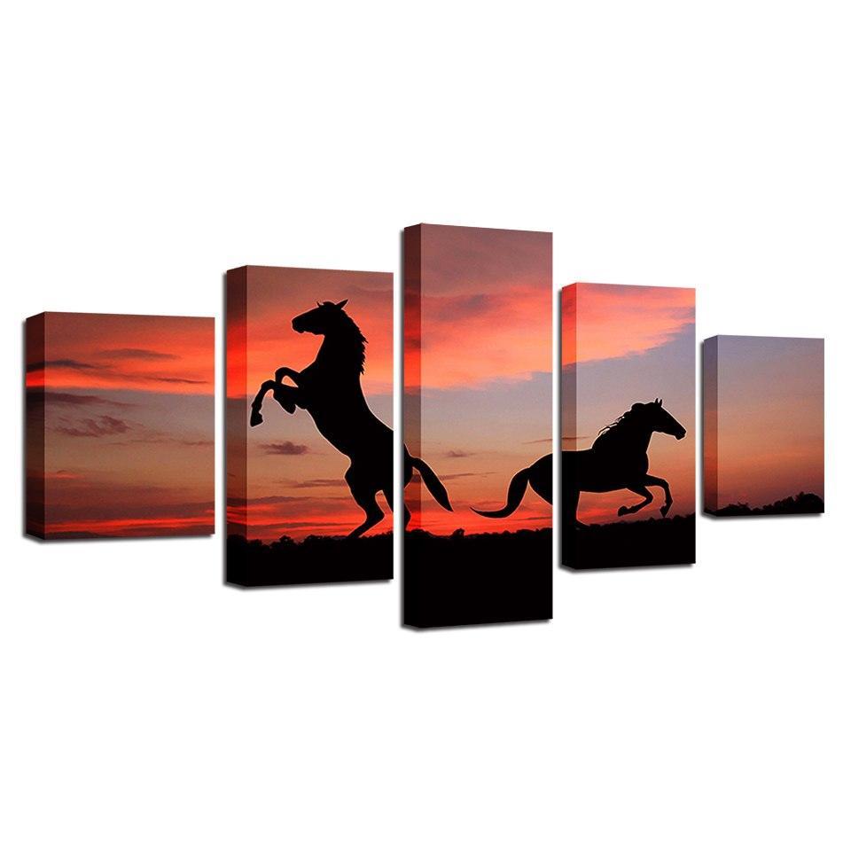 Sunset Horses 5 Piece HD Multi Panel Canvas Wall Art Frame-Original Frame