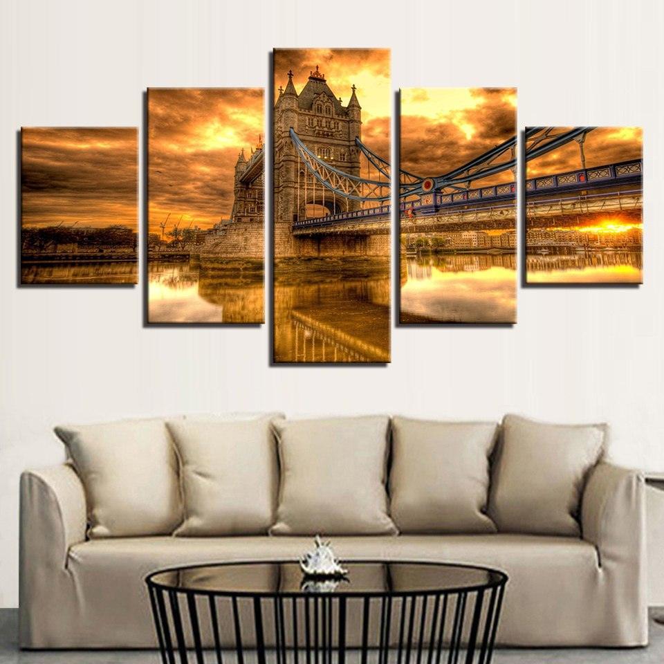Bridge Sunset Glow 5 Piece HD Multi Panel Canvas Wall Art Frame-Original Frame