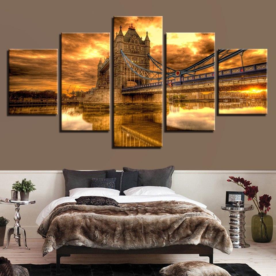 Bridge Sunset Glow 5 Piece HD Multi Panel Canvas Wall Art Frame-Original Frame