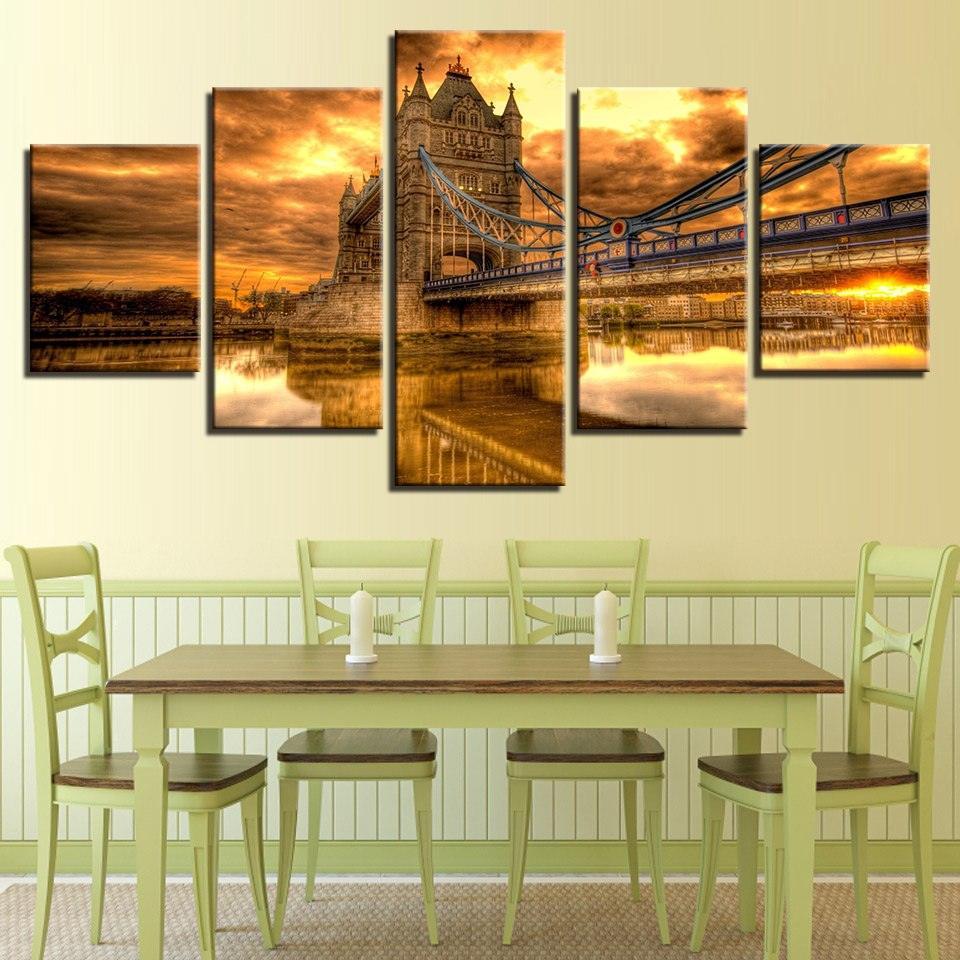 Bridge Sunset Glow 5 Piece HD Multi Panel Canvas Wall Art Frame-Original Frame