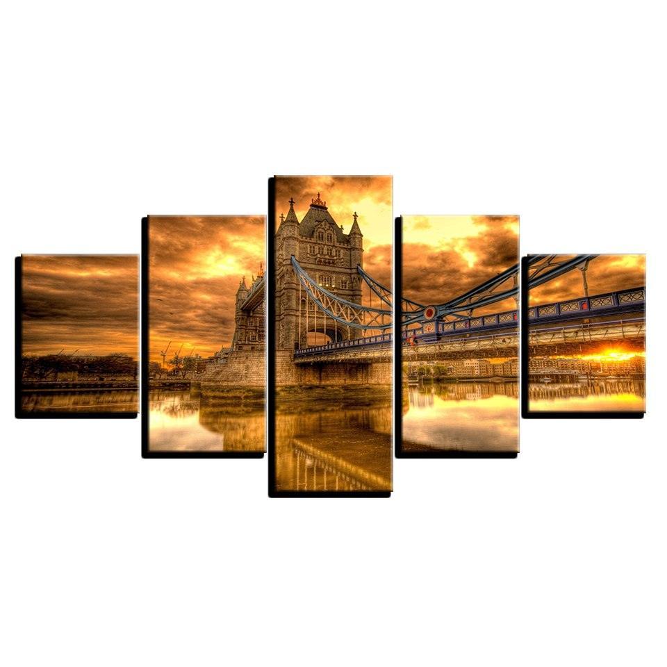 Bridge Sunset Glow 5 Piece HD Multi Panel Canvas Wall Art Frame-Original Frame