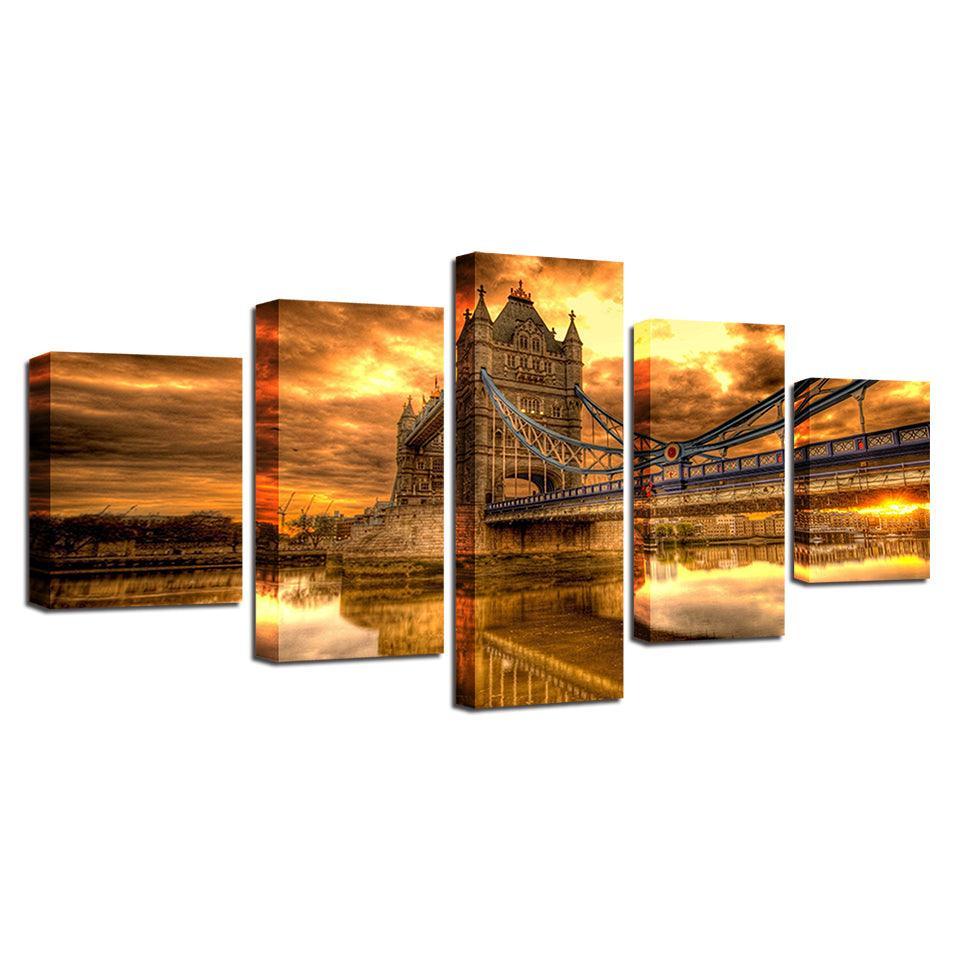 Bridge Sunset Glow 5 Piece HD Multi Panel Canvas Wall Art Frame-Original Frame
