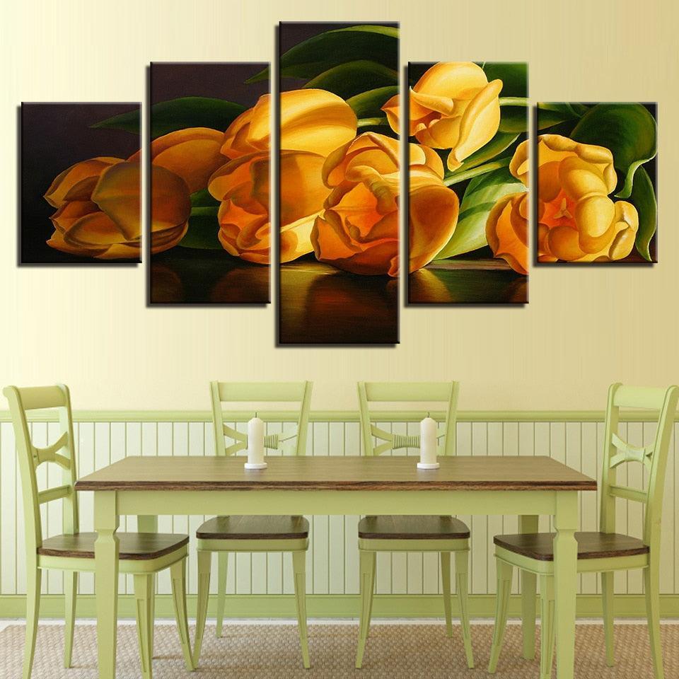 Yellow Tulips 5 Piece HD Multi Panel Canvas Wall Art Frame-Original Frame