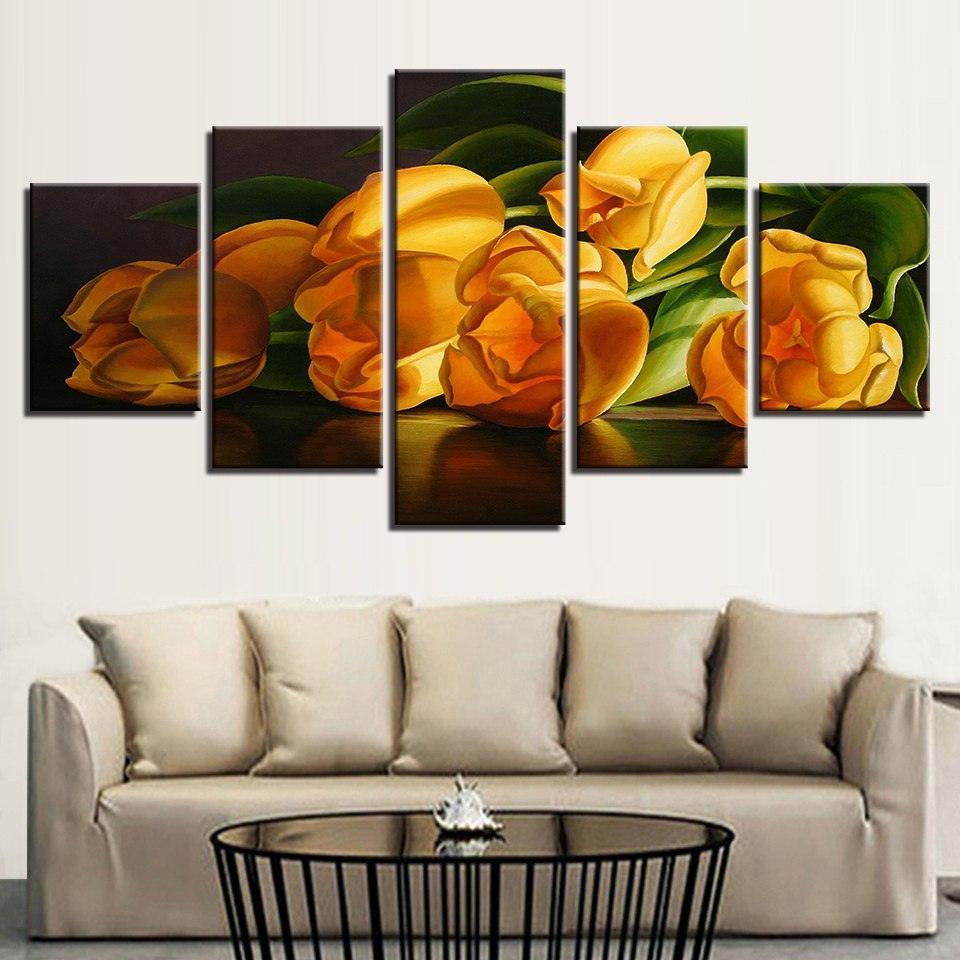 Yellow Tulips 5 Piece HD Multi Panel Canvas Wall Art Frame-Original Frame