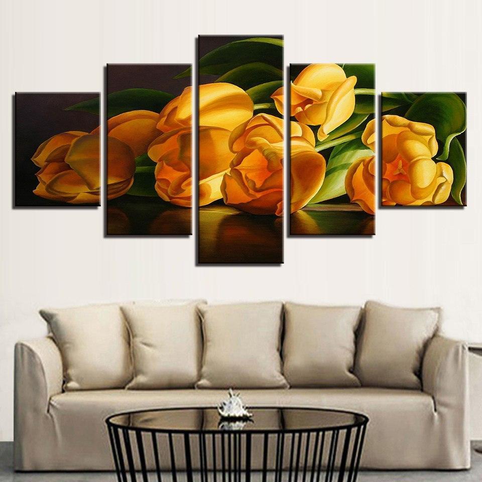 Yellow Tulips 5 Piece HD Multi Panel Canvas Wall Art Frame-Original Frame