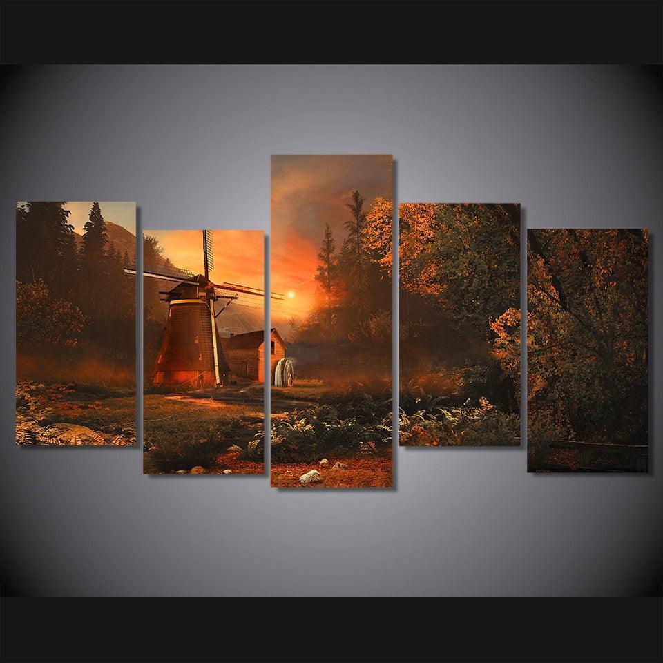 Windmill Wooden House Sunrise 5 Piece HD Multi Panel Canvas Wall Art Frame-Original Frame