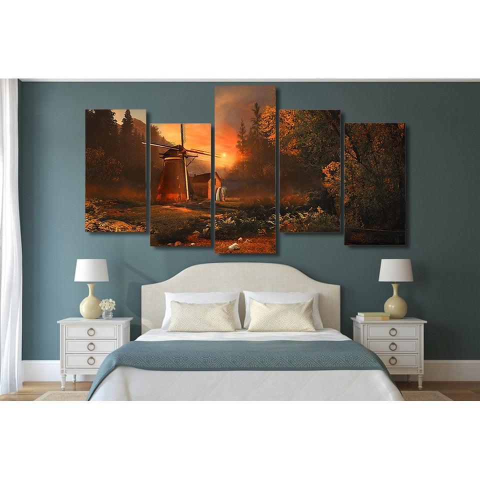 Windmill Wooden House Sunrise 5 Piece HD Multi Panel Canvas Wall Art Frame-Original Frame