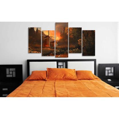 Windmill Wooden House Sunrise 5 Piece HD Multi Panel Canvas Wall Art Frame-Original Frame