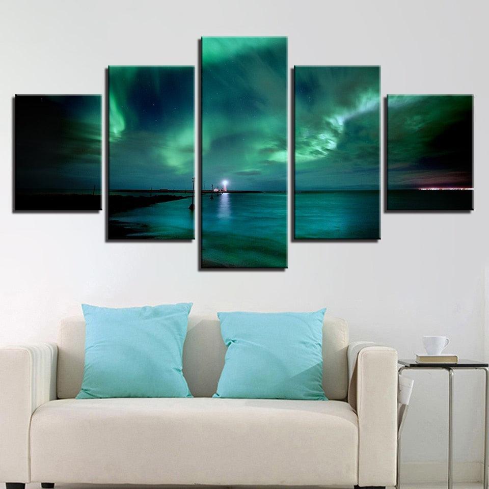 Green Aurora Lake Night 5 Piece HD Multi Panel Canvas Wall Art Frame-Original Frame