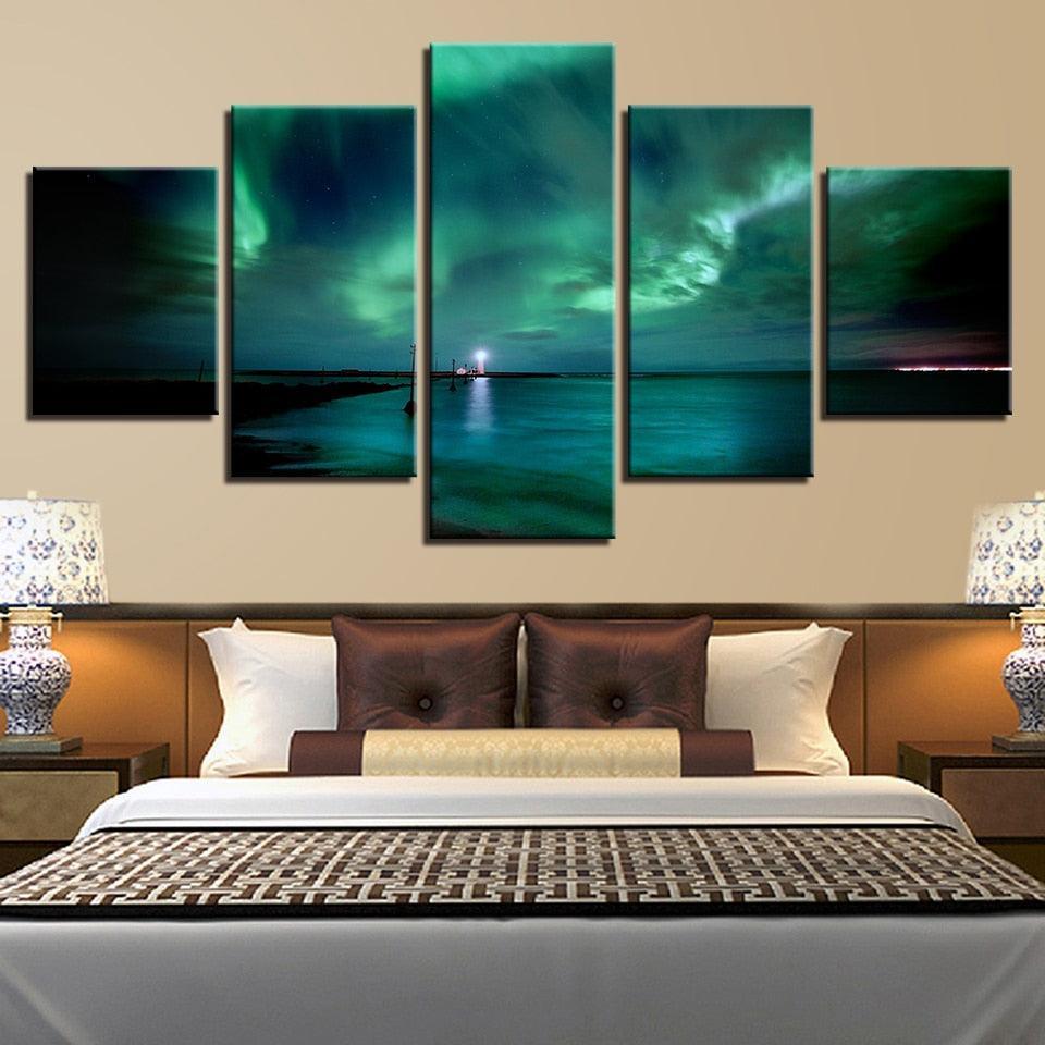 Green Aurora Lake Night 5 Piece HD Multi Panel Canvas Wall Art Frame-Original Frame