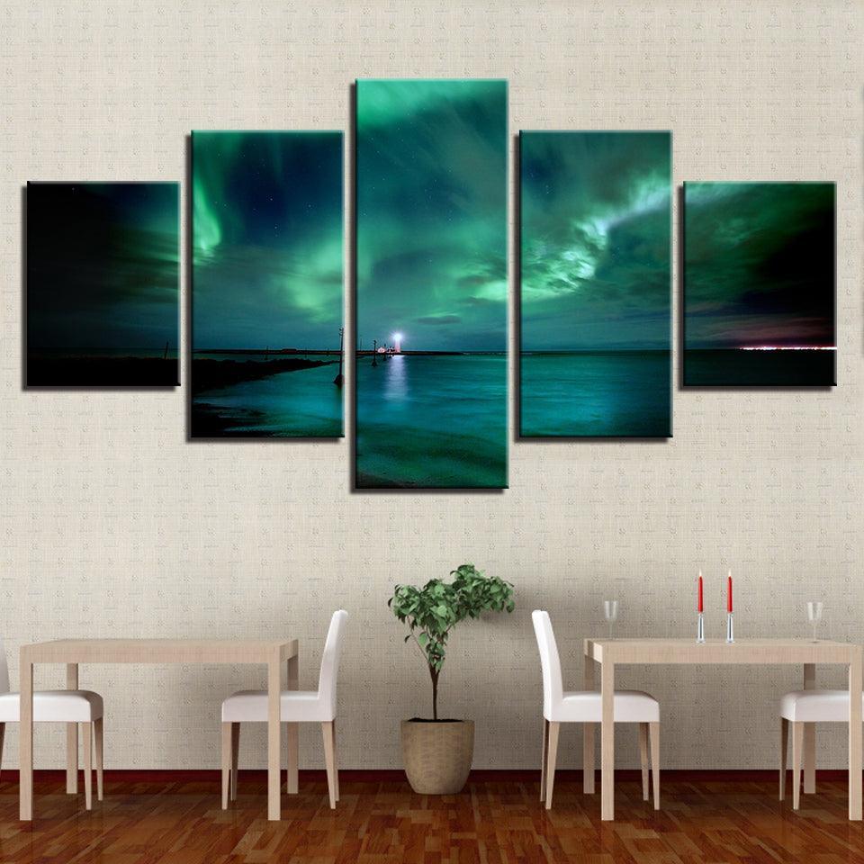 Green Aurora Lake Night 5 Piece HD Multi Panel Canvas Wall Art Frame-Original Frame