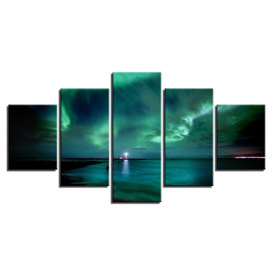 Green Aurora Lake Night 5 Piece HD Multi Panel Canvas Wall Art Frame-Original Frame