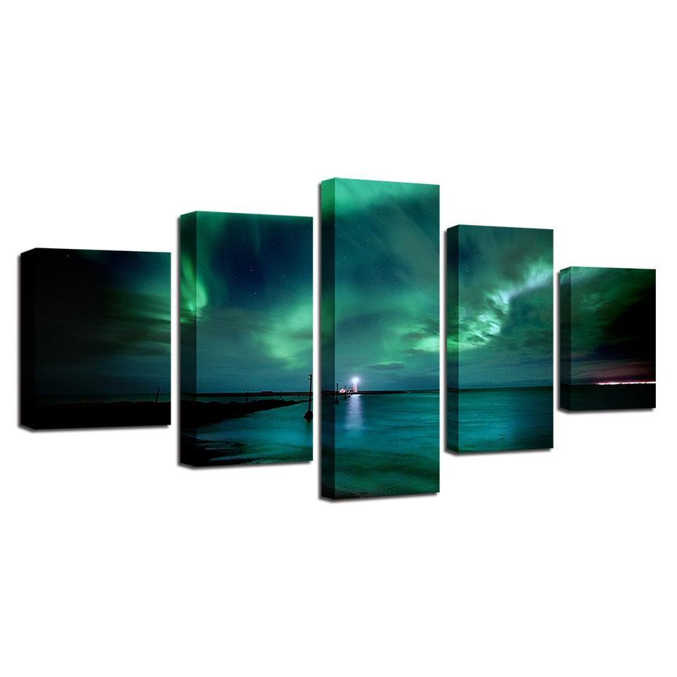 Green Aurora Lake Night 5 Piece HD Multi Panel Canvas Wall Art Frame-Original Frame