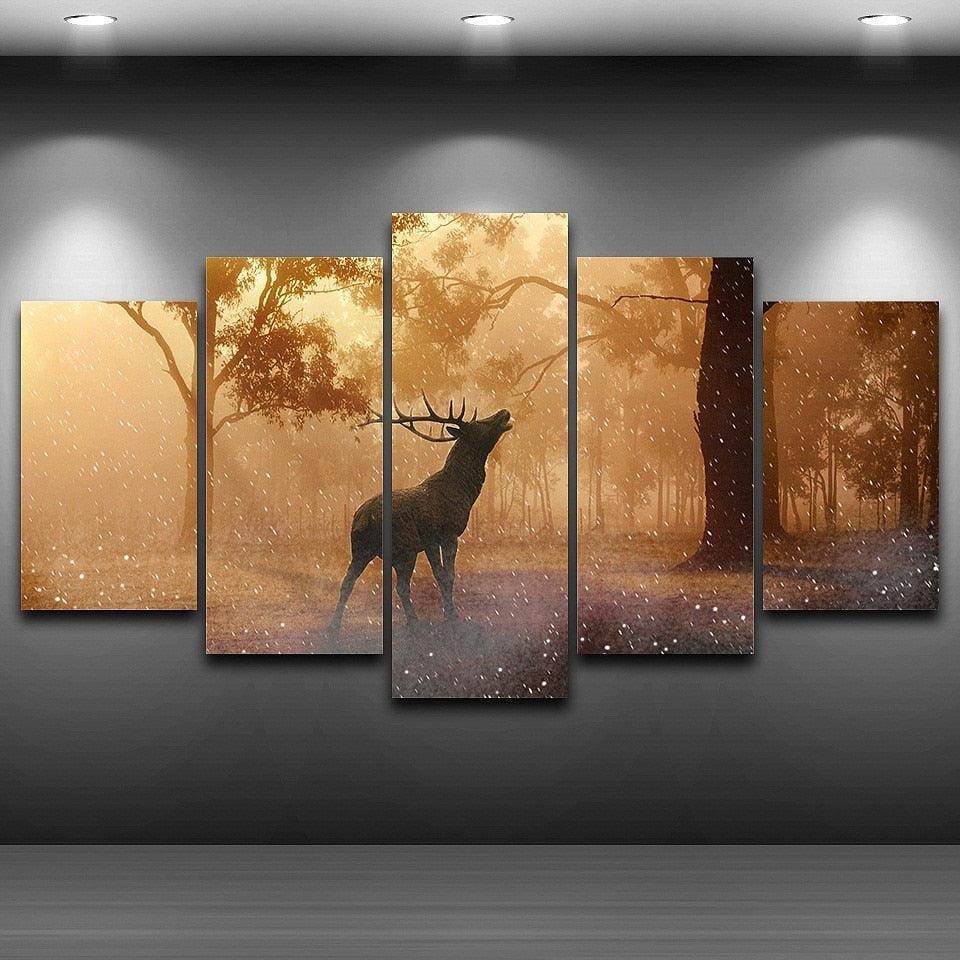 Forest Deer Landscape 5 Piece HD Multi Panel Canvas Wall Art Frame-Original Frame