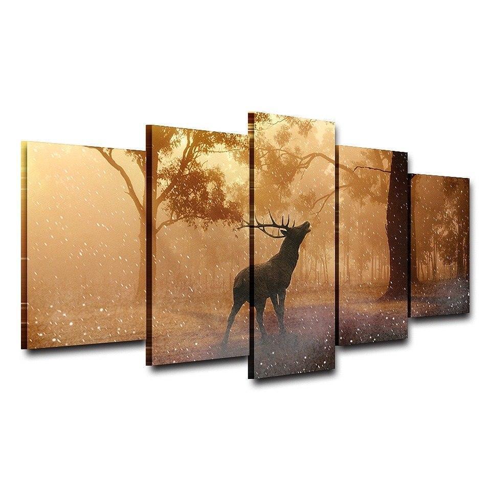 Forest Deer Landscape 5 Piece HD Multi Panel Canvas Wall Art Frame-Original Frame