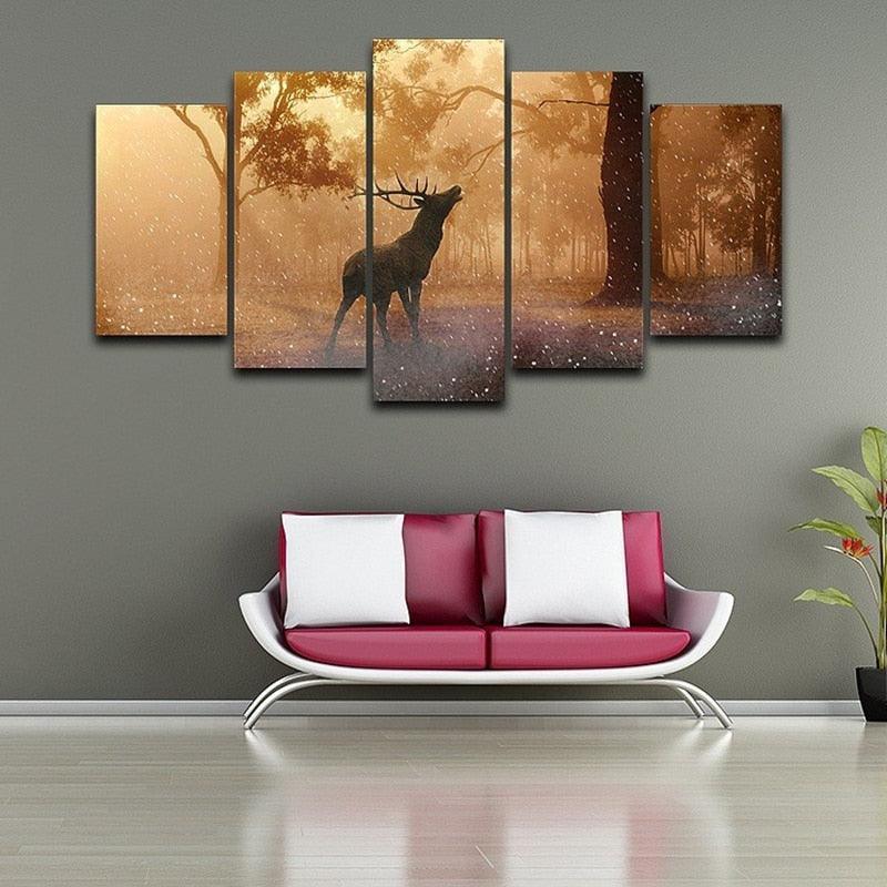 Forest Deer Landscape 5 Piece HD Multi Panel Canvas Wall Art Frame-Original Frame