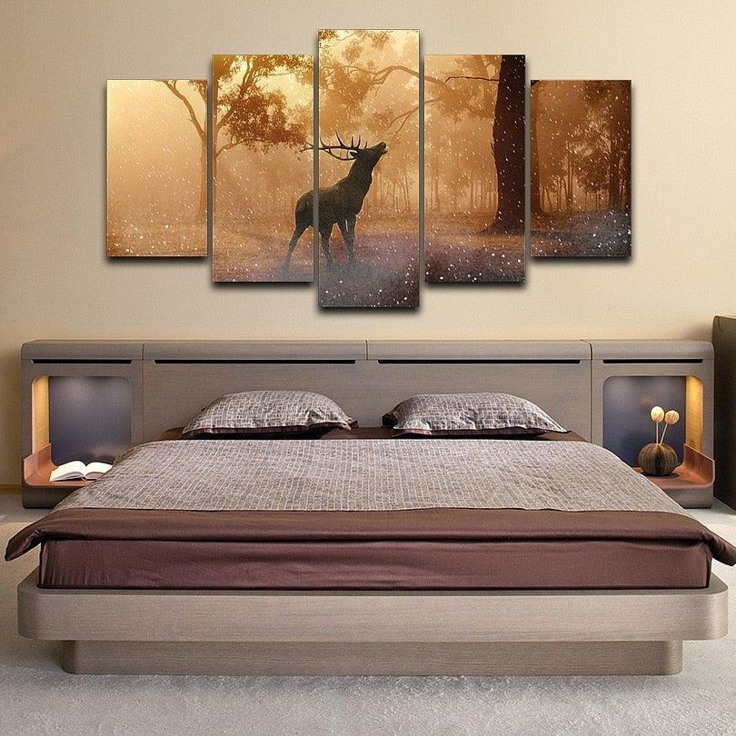 Forest Deer Landscape 5 Piece HD Multi Panel Canvas Wall Art Frame-Original Frame
