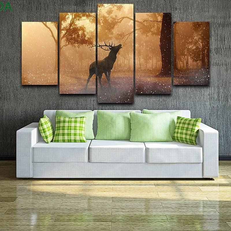 Forest Deer Landscape 5 Piece HD Multi Panel Canvas Wall Art Frame-Original Frame