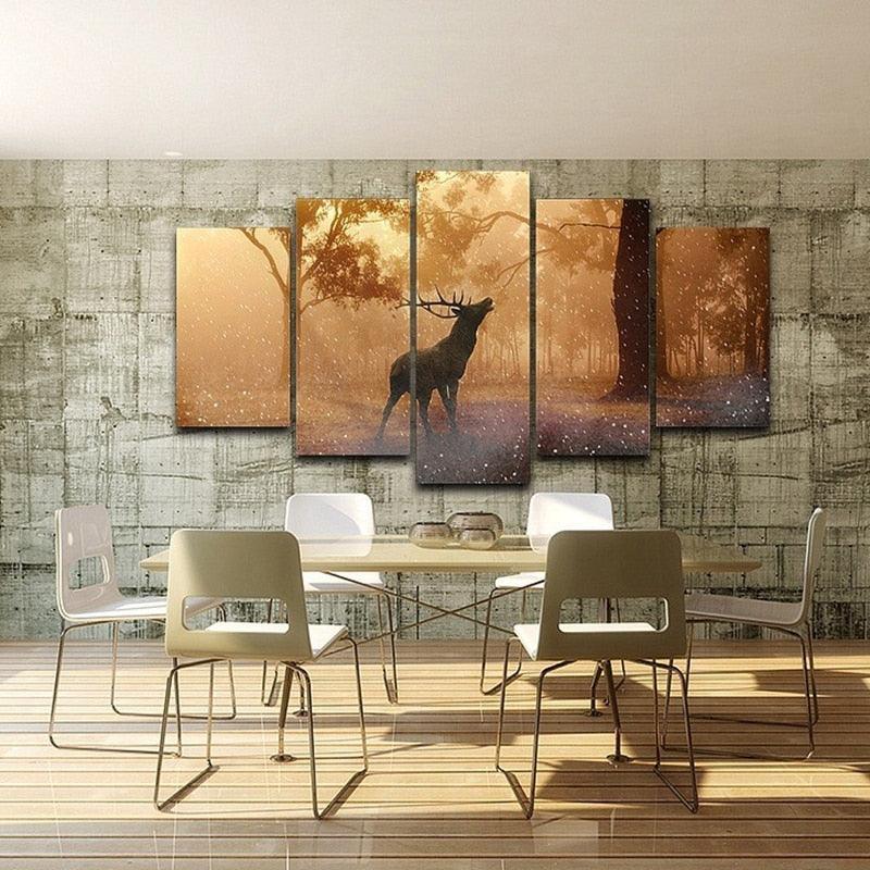 Forest Deer Landscape 5 Piece HD Multi Panel Canvas Wall Art Frame-Original Frame