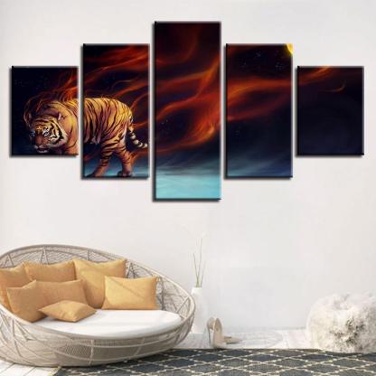 Magic Flame Tiger 5 Piece HD Multi Panel Canvas Wall Art Frame-Original Frame