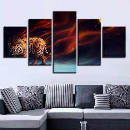 Magic Flame Tiger 5 Piece HD Multi Panel Canvas Wall Art Frame-Original Frame