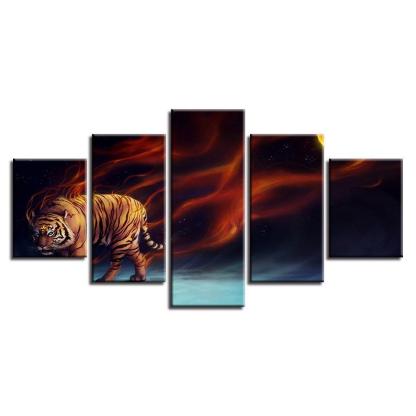 Magic Flame Tiger 5 Piece HD Multi Panel Canvas Wall Art Frame-Original Frame