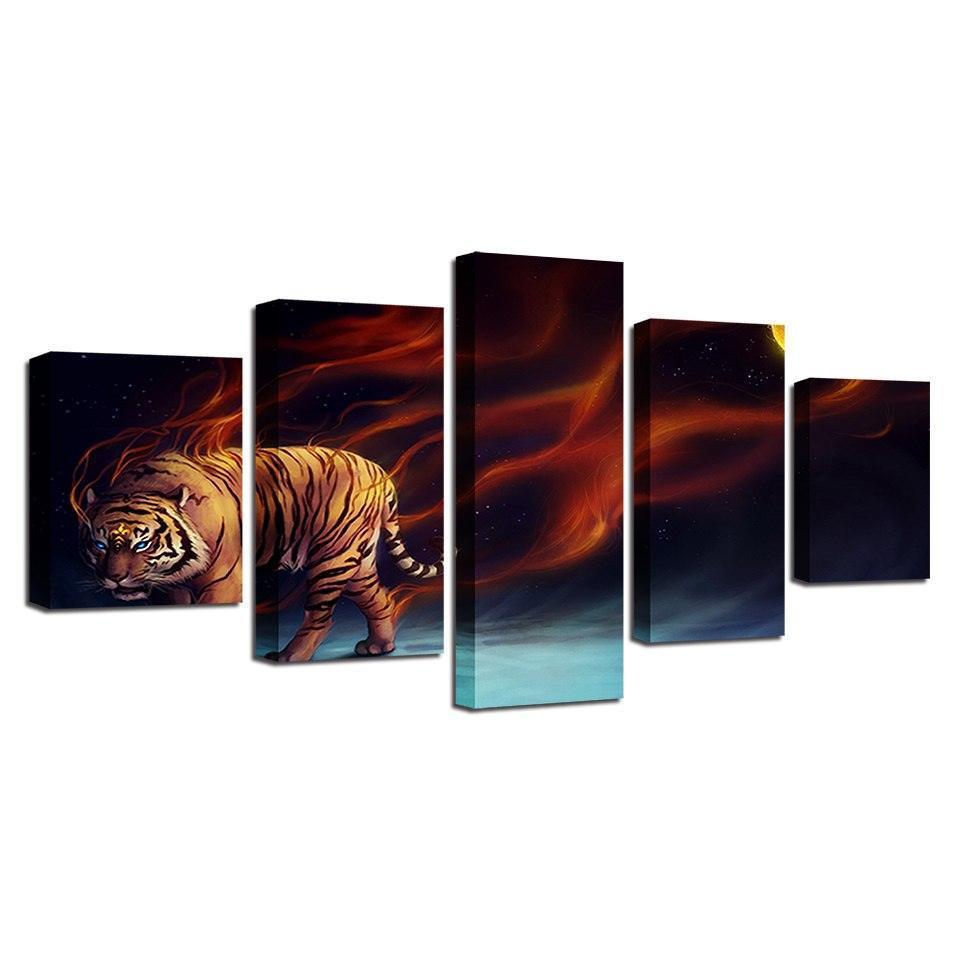 Magic Flame Tiger 5 Piece HD Multi Panel Canvas Wall Art Frame-Original Frame