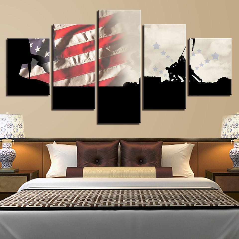 Military American Flag 5 Piece HD Multi Panel Canvas Wall Art Frame-Original Frame