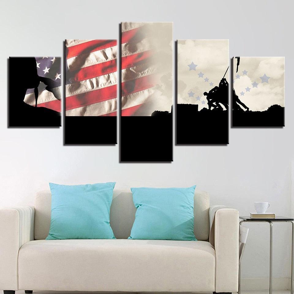 Military American Flag 5 Piece HD Multi Panel Canvas Wall Art Frame-Original Frame