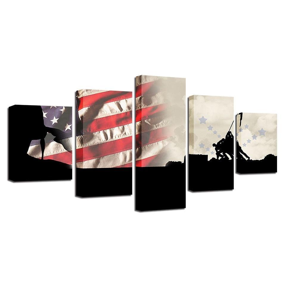 Military American Flag 5 Piece HD Multi Panel Canvas Wall Art Frame-Original Frame