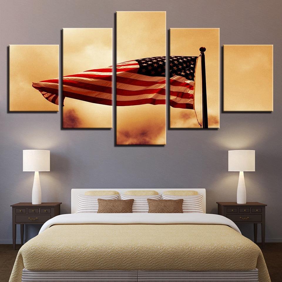 Retro American Flag 5 Piece HD Multi Panel Canvas Wall Art Frame-Original Frame