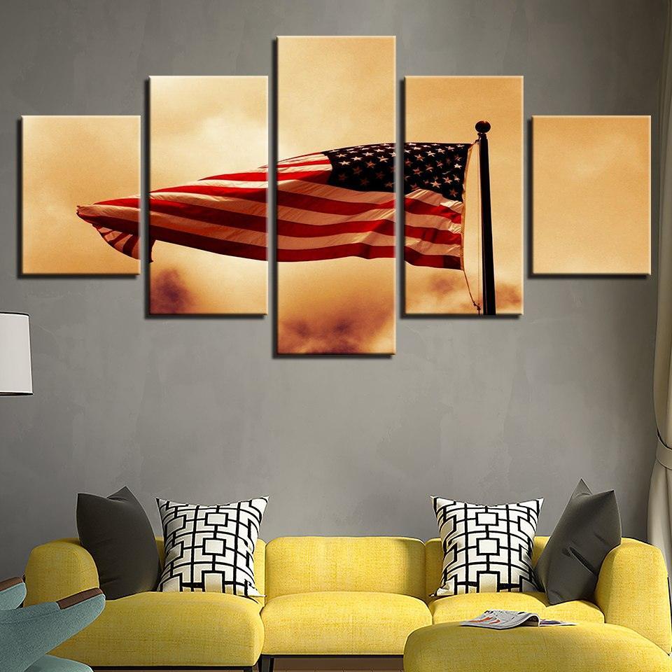 Retro American Flag 5 Piece HD Multi Panel Canvas Wall Art Frame-Original Frame