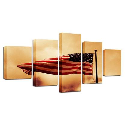Retro American Flag 5 Piece HD Multi Panel Canvas Wall Art Frame-Original Frame