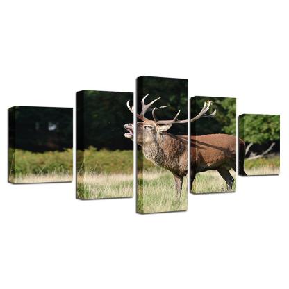 Forest Steppe Deer 5 Piece HD Multi Panel Canvas Wall Art Frame-Original Frame