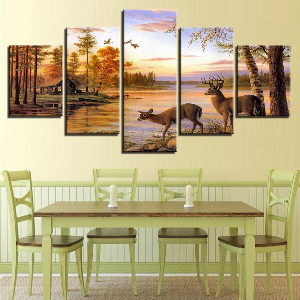 Forest Deers 5 Piece HD Multi Panel Canvas Wall Art Frame-Original Frame