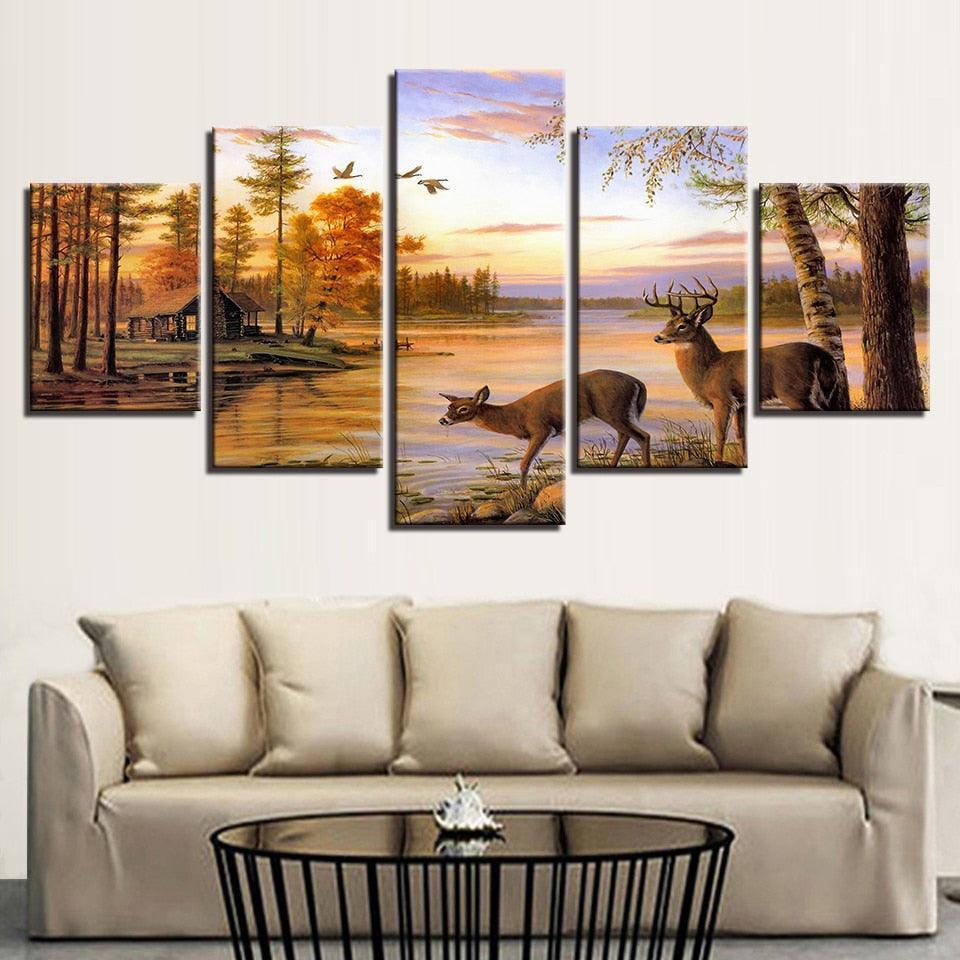 Forest Deers 5 Piece HD Multi Panel Canvas Wall Art Frame-Original Frame
